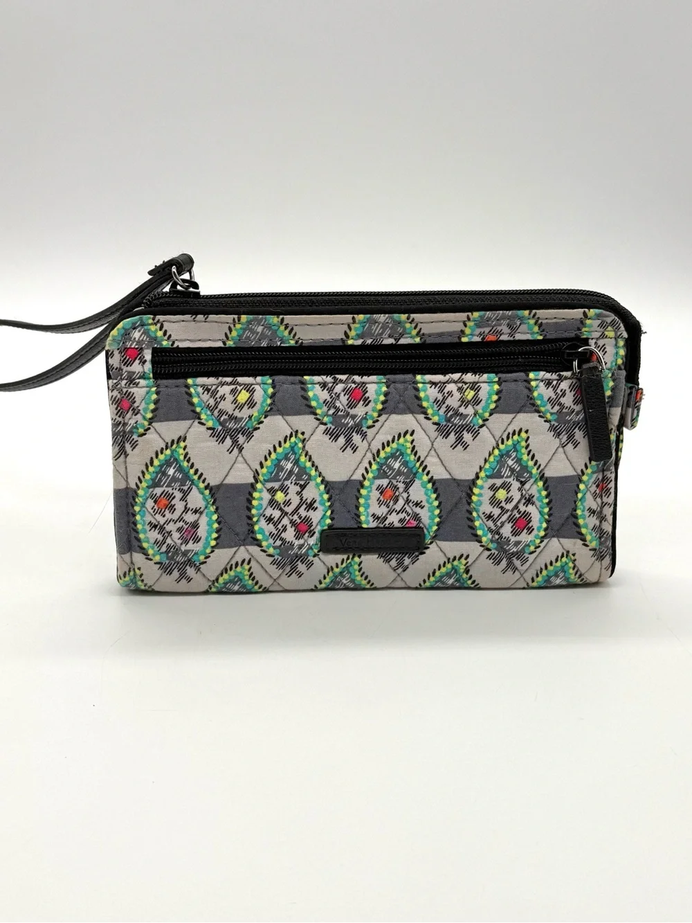 Vera Bradley Gray Wristlet Clutch with Green and Pink Teardrop Pattern